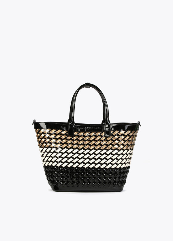 Cesto LOLA CASADEMUNT material trenzado de charol en tres tonos NEGRO- CRUDO